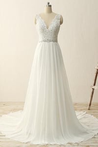 Image 1 of Charming White Chiffon V-neckline Prom Gowns with Beadings, Wedding Dresses, Party Dress