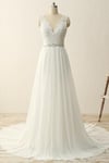 Charming White Chiffon V-neckline Prom Gowns with Beadings, Wedding Dresses, Party Dress