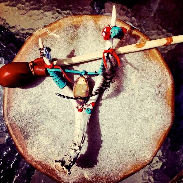 Image of Shamanic Healing Wand~Turquoise, Red Coral, Green Aqua Aura Quartz point, Rooster Feather