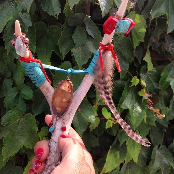 Image of Shamanic Healing Wand~Turquoise, Red Coral, Green Aqua Aura Quartz point, Rooster Feather