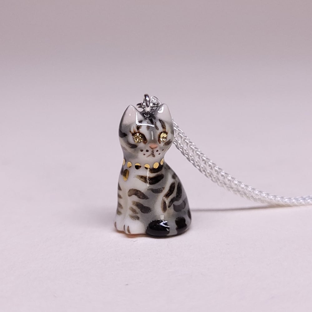 Image of Grey Tabby Porcelain & Sterling Silver Sitting Kitten Pendant