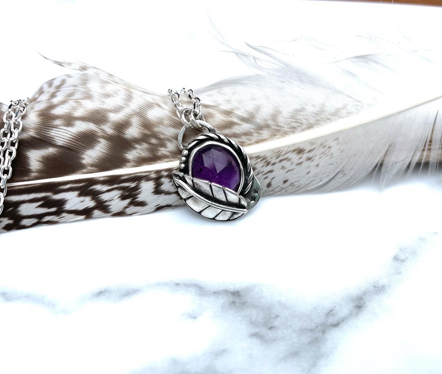 Image of Handmade Sterling Silver Amethyst Pendant Star Leaf Detail 925