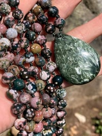 Image 2 of Madagascar Orbicular Ocean Jasper Mala with Seraphinite Pendant