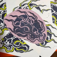 Image 2 of Hot Head Skull Linocut Print Green