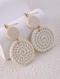 Image 4 of Woven Soft Colors Pottery & Wood Drop Earrings