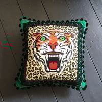 Image 1 of Green Velvet Tiger Pom Pom Cushion Cover