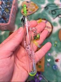 Image 4 of Extra Fancy Hanging Whisker Bank - Green Heart and Pink Flower Patch with Swirly Greeb Heart Charm