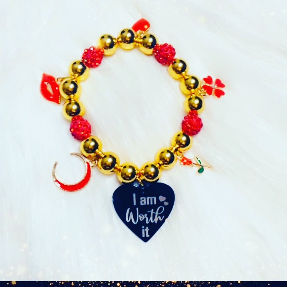 Image of I’am worth it beaded charm bracelet red and gold