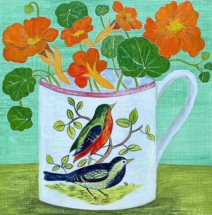 Image of Bird cup and Nasturtiums Giclee print Medium