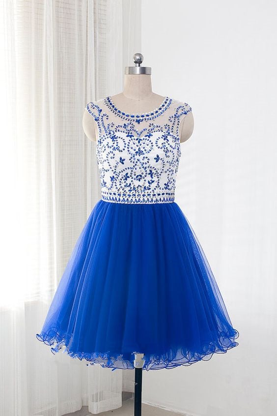 Cute Blue Beaded Tulle Short Homecoming Dresses, Short Prom Dresses, Party Dresses