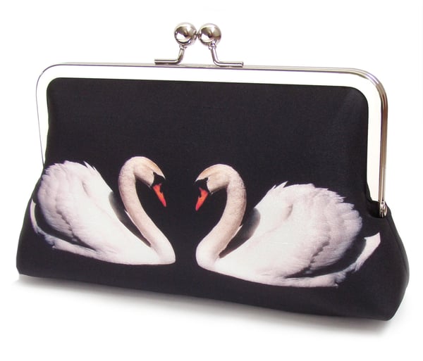Image of White swans, printed silk clutch bag + chain handle