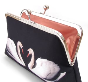 Image of White swans, silk clutch bag with optional chain handle