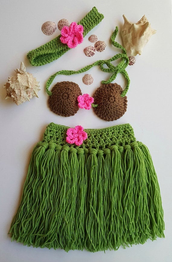 Crochet Hawaiian Hula Outfit Newborn Kids Girls Costume Photography 