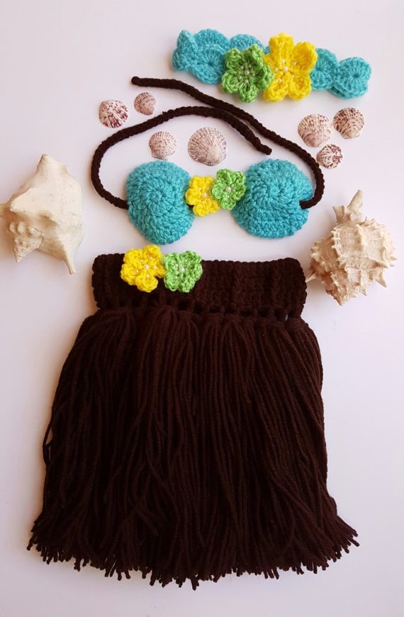 Image of Baby's First Pictures - Hawaiian Hula Girl - Handmade - Baby Hula Skirt - Newborn Crochet Outfit 