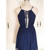 Lovely Short Chiffon Handmade Navy Blue Homecoming Dresses, Navy Blue Bridesmaid Dresses