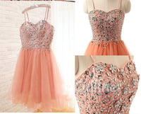 Image 2 of Cute Pink Tulle Beaded Short Prom Dress with Straps, Homecoming Dresses