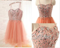 Image 1 of Cute Pink Tulle Beaded Short Prom Dress with Straps, Homecoming Dresses