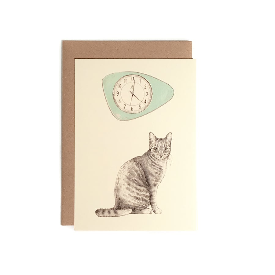 Image of Carte postale Chat-horloge + enveloppe
