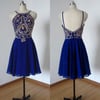Beautiful Royal Blue Beaded Short Chiffon Prom Dresses, Homecoming Dresses 