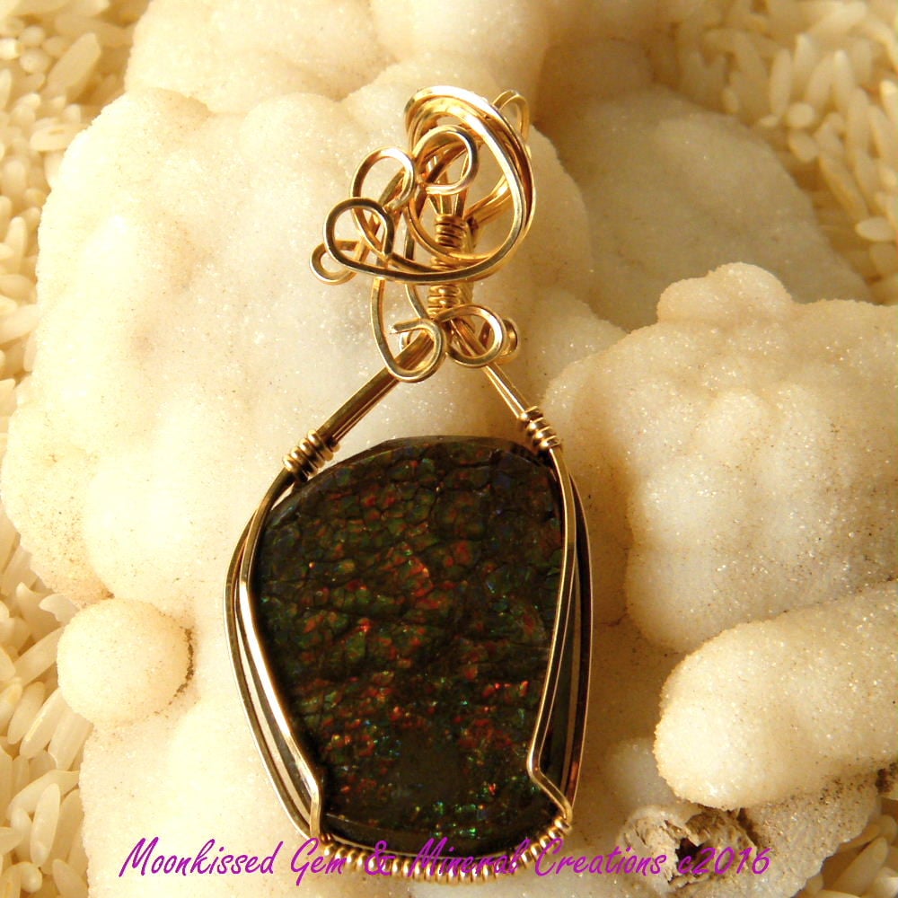 Image of Multicolor Stained Glass Ammolite 14 Karat Gold Fill Wirewrapped Pendant