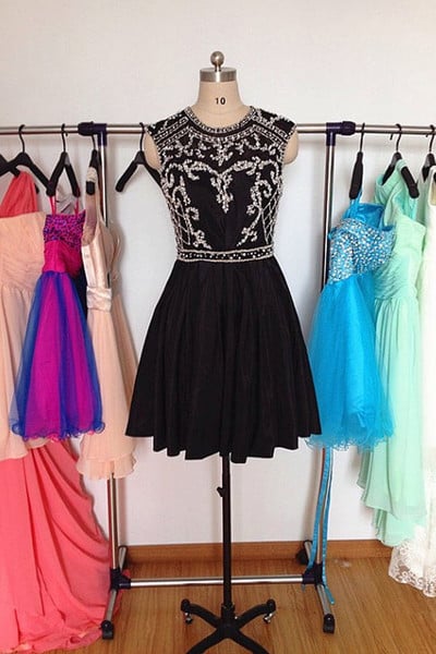 Beautiful Black Chiffon Beaded Short Homecoming Dresses, Black Homecoming Dresses, Party Dress