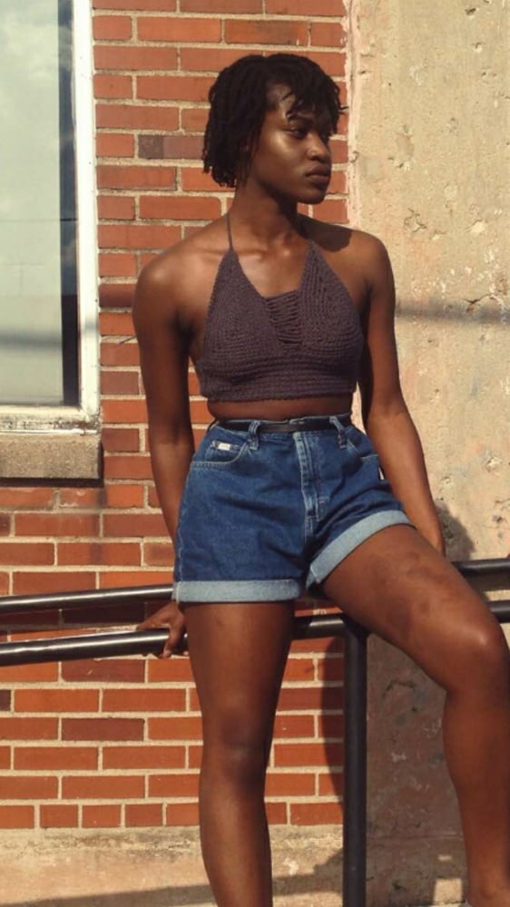 Image of Lined V-neck metal gray crop top