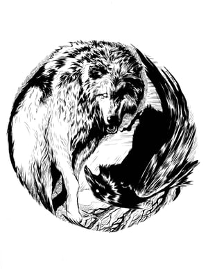 Image of Raven and Wolf ying yang original art