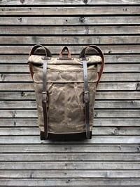 Image 1 of Waxed canvas backpack with roll up top and leather shoulder straps COLLECTION UNISEX