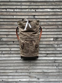 Image 3 of Waxed canvas backpack with roll up top and leather shoulder straps COLLECTION UNISEX