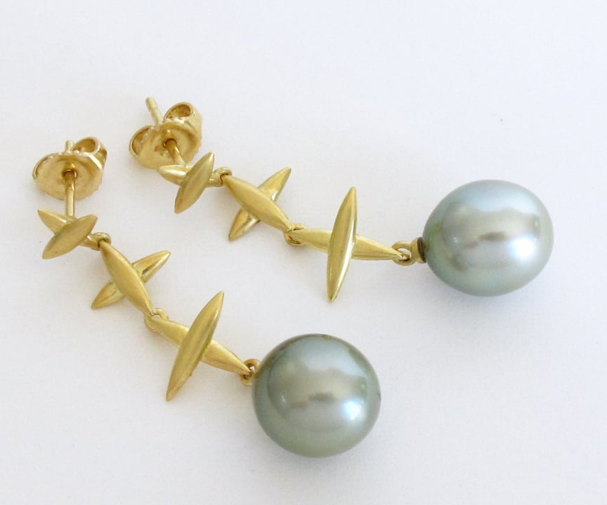 Image of Tahitan Gray Pearl Northern Cross Dangle Earrings 18k