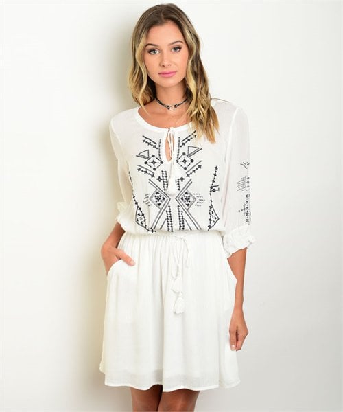 Image of White + Navy Embroidered Dress