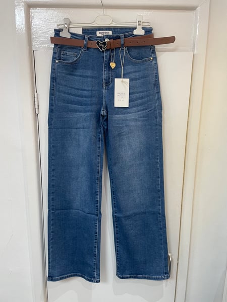 Image of Wide Leg Strech Belted Jean