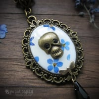 Image 1 of Forget-me-not Pressed Flower Skull Cameo Necklace