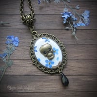 Image 2 of Forget-me-not Pressed Flower Skull Cameo Necklace