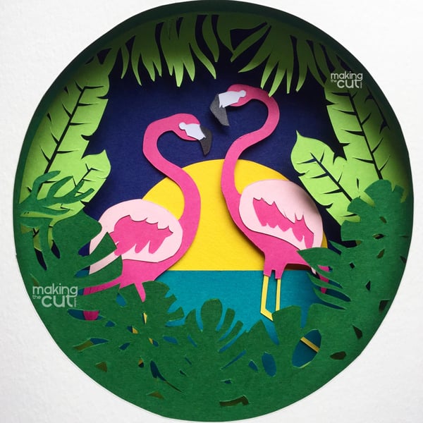Image of SHADOW BOX PAPER CUT TEMPLATE - FLAMINGO LOVE
