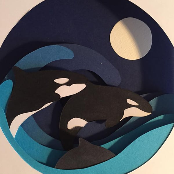 Image of SHADOW BOX PAPER CUT TEMPLATE - ORCAS in the OCEAN