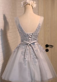Image 2 of Cute Tulle Short V-neckline Prom Dress with Lace Applique, Homecoming Dresses