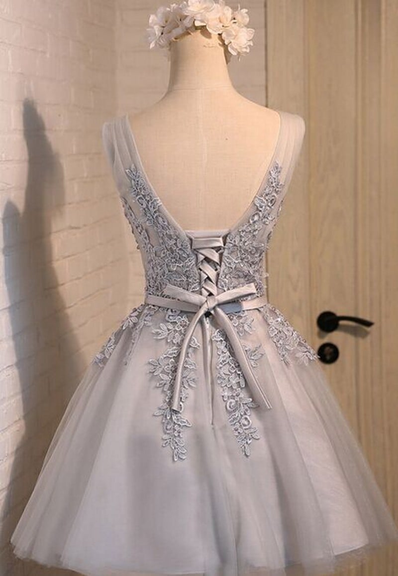 Cute Tulle Short V-neckline Prom Dress with Lace Applique, Homecoming Dresses