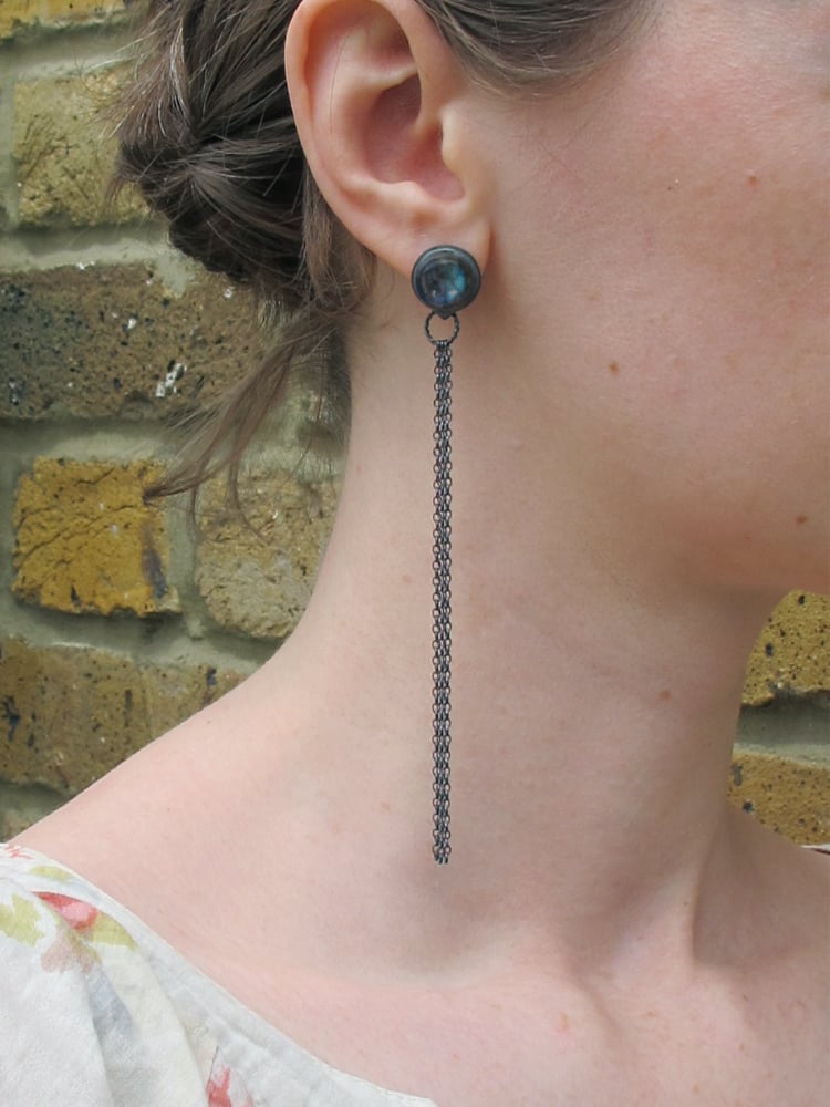 Image of {NEW One off} Nautilus Spyglass Labradorite gemstone long drop earrings