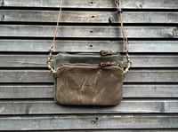 Image 1 of waxed canvas day bag/ small messenger bag/ kangaroo bag with waxed leather shoulderstrap
