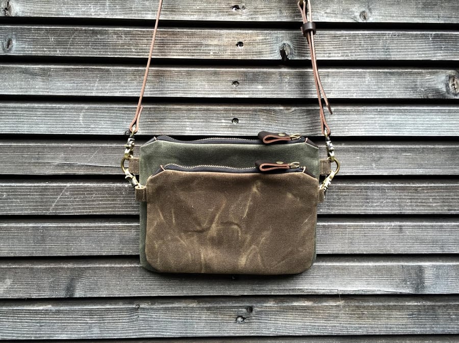 Image of waxed canvas day bag/ small messenger bag/ kangaroo bag with waxed leather shoulderstrap