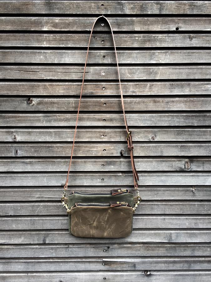 Image of waxed canvas day bag/ small messenger bag/ kangaroo bag with waxed leather shoulderstrap