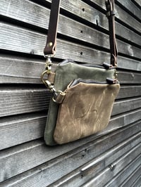 Image 4 of waxed canvas day bag/ small messenger bag/ kangaroo bag with waxed leather shoulderstrap