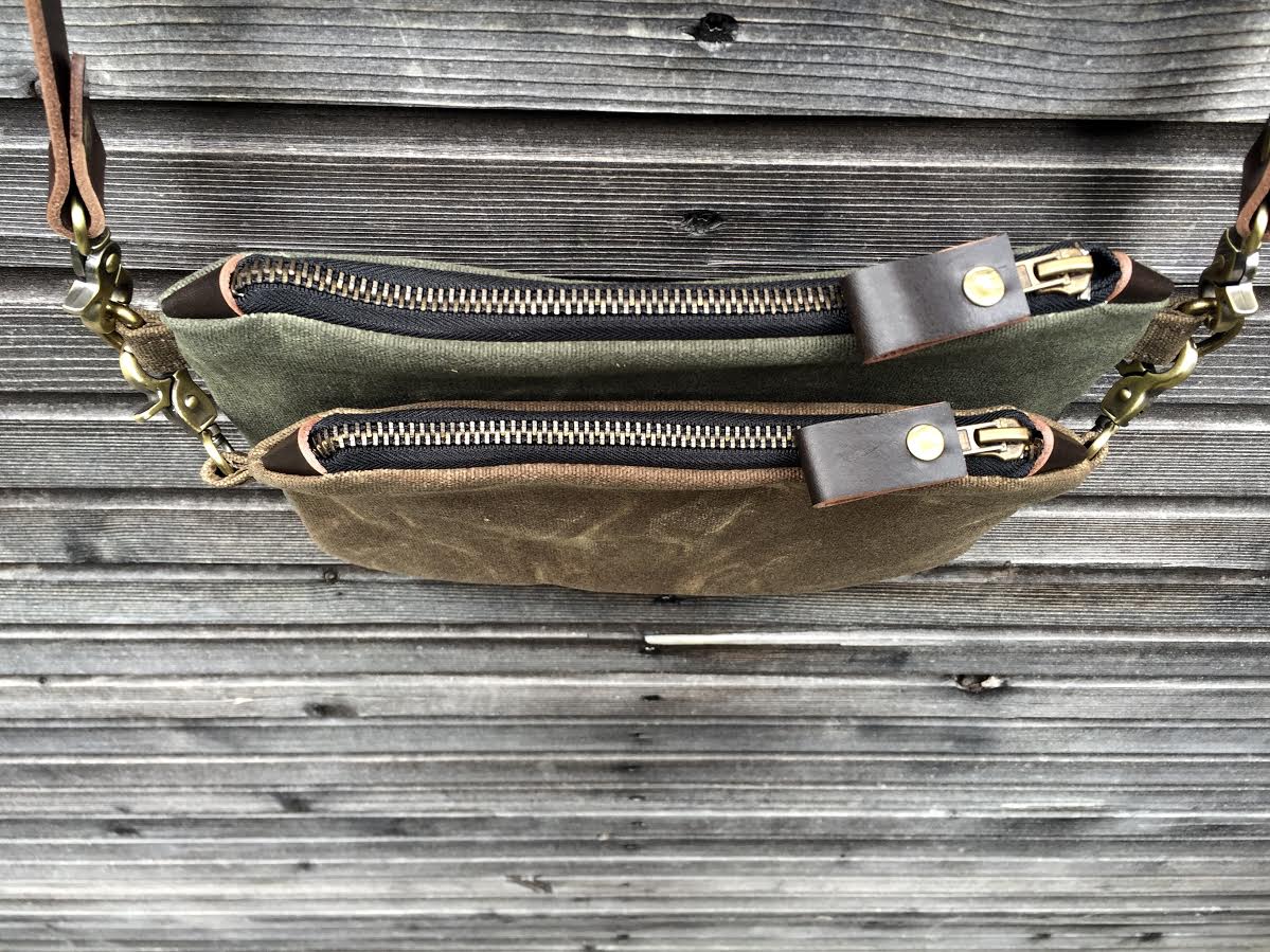Image of waxed canvas day bag/ small messenger bag/ kangaroo bag with waxed leather shoulderstrap