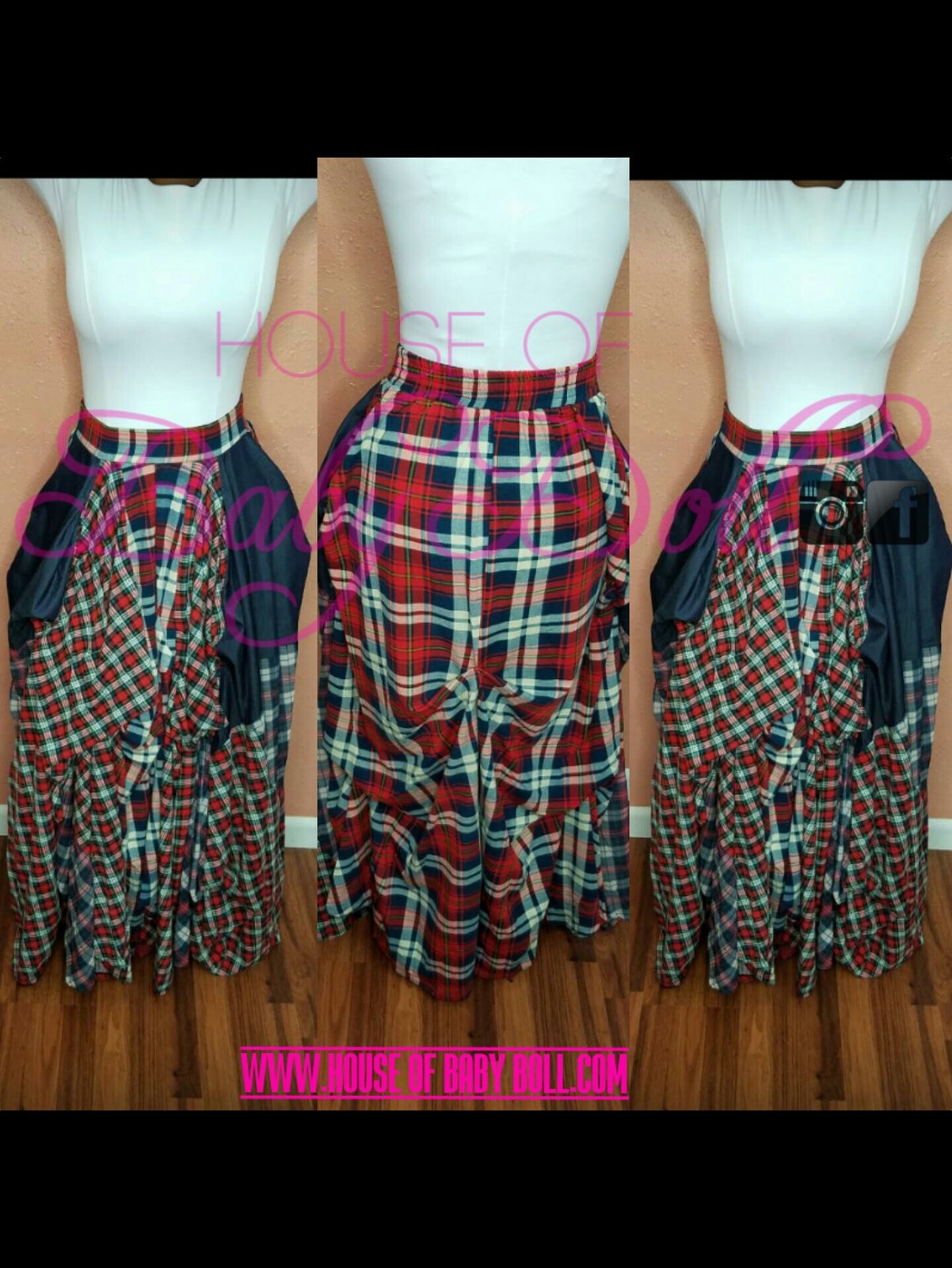 plaid and denim maxi skirt