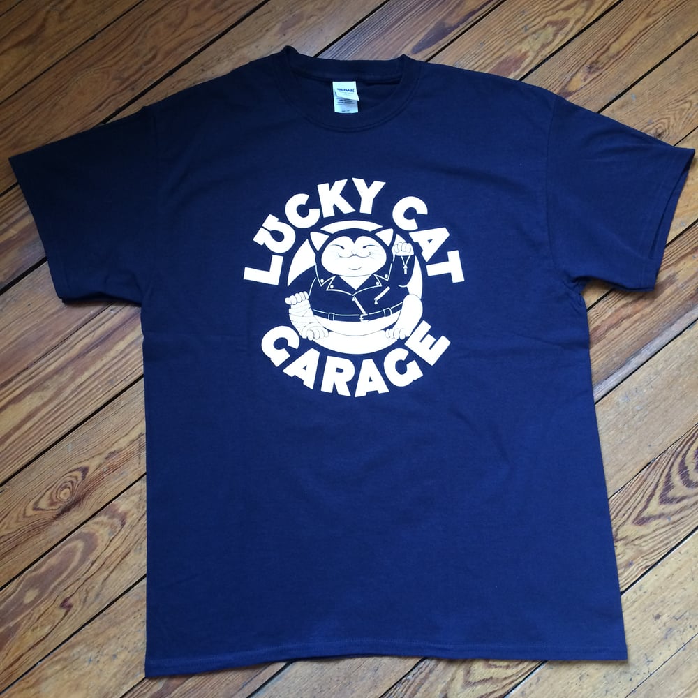 Image of Lucky Cat Garage navy blue tee shirt.