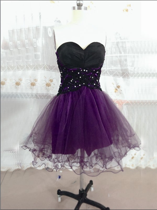 Cute Dark Purple Handmade Tulle Knee Length Prom Dresses, Homecoming Dresses 