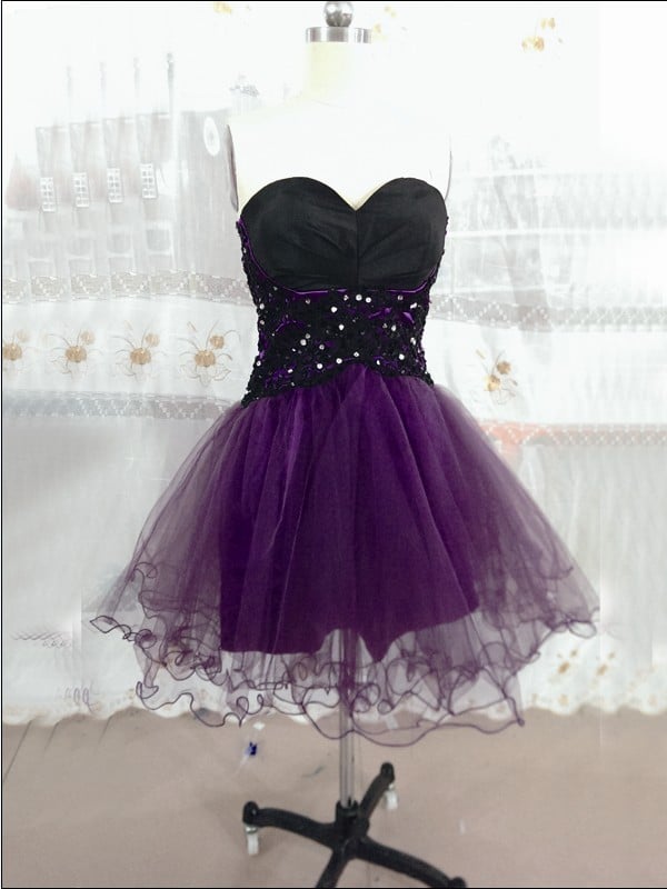 Cute Dark Purple Handmade Tulle Knee Length Prom Dresses, Homecoming Dresses | BeMyBridesmaid Cute Dark Purple Handmade Tulle Knee Length Prom Dresses, Homecoming Dresses | BeMyBridesmaid