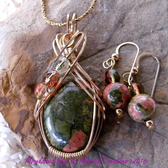 Image of Unakite and Bead 14 Karat Gold Fill Wirewrapped Pendant and Earrings with Chain Set