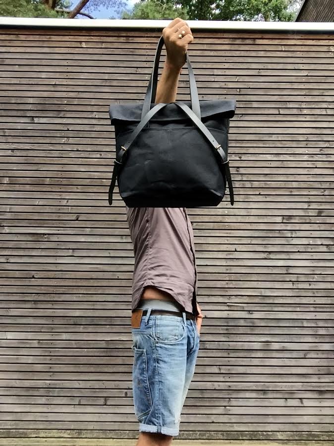 Image of Waxed canvas tote bag with leather handles and fold to close top / waterproof tote bag